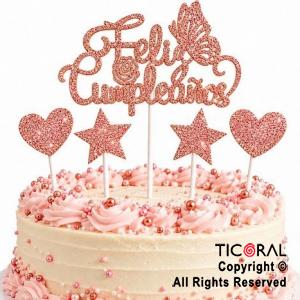 CAKE TOPPER FELIZ CUMPLEA�OS CON ESTRELLAS Y CORAZONES GIBRE ROSA GOLD